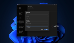 Screenshot of Ueli settings on Windows showing a workflow that opens a terminal window and runs a command