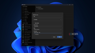Screenshot of Ueli settings on Windows showing a workflow that opens a terminal window and runs a command