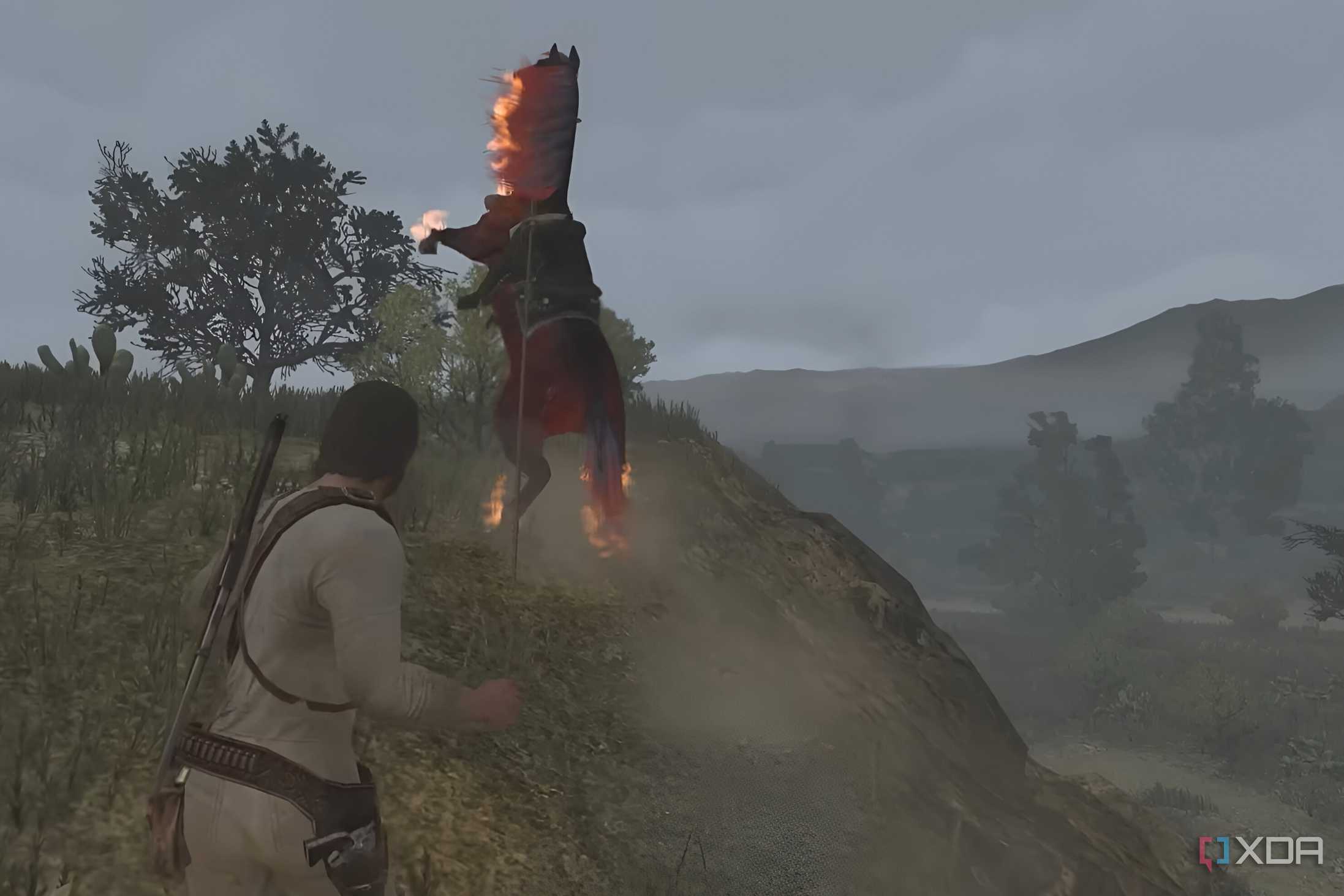 A screenshot from Red Dead Redemption Undead Nightmare, showing the protagonist throw a lasso around the neck of a flaming horse.
