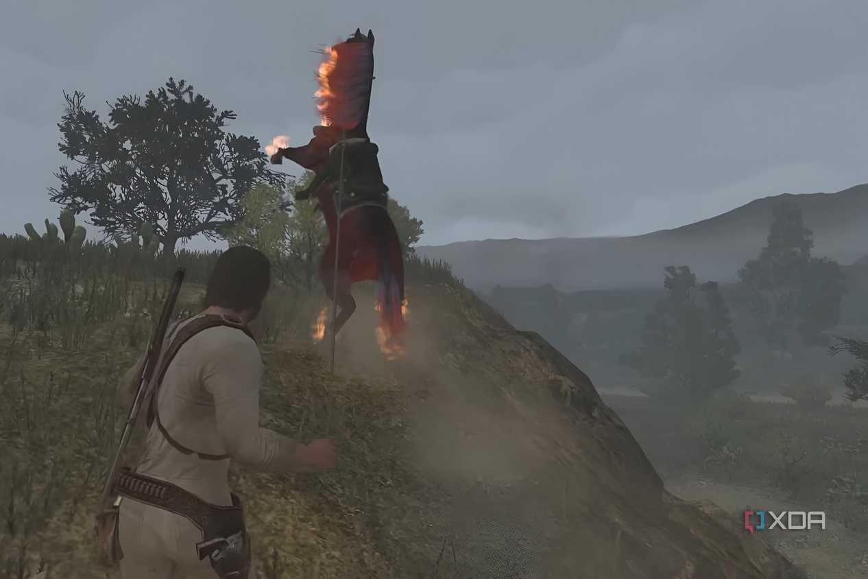 A screenshot from Red Dead Redemption Undead Nightmare, showing the protagonist throw a lasso around the neck of a flaming horse.