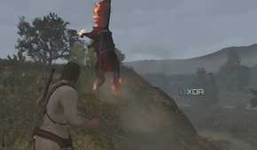 A screenshot from Red Dead Redemption Undead Nightmare, showing the protagonist throw a lasso around the neck of a flaming horse.