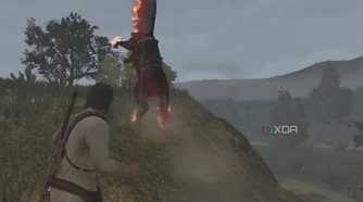 A screenshot from Red Dead Redemption Undead Nightmare, showing the protagonist throw a lasso around the neck of a flaming horse.