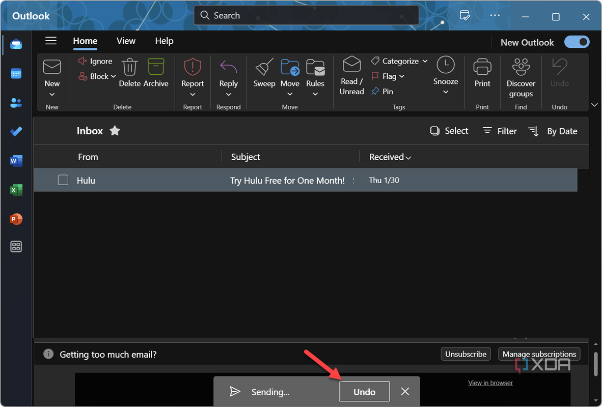 screenshot showing how to undo a send in Outlook app