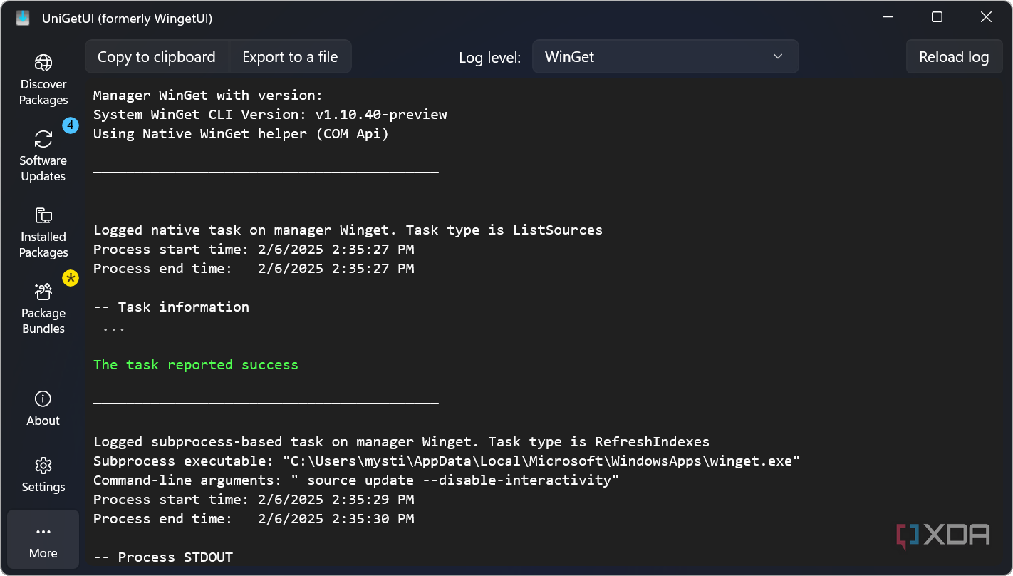 screenshot showing package manager logs in UniGetUi