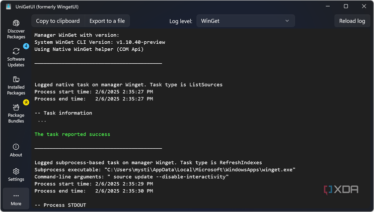 screenshot showing package manager logs in UniGetUi