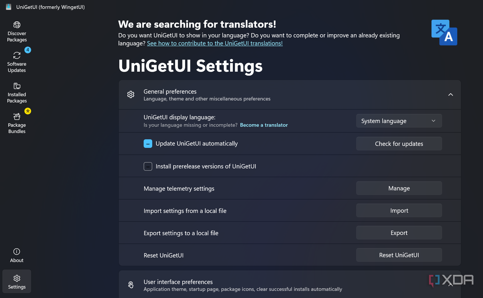screenshot shows UniGetUI settings