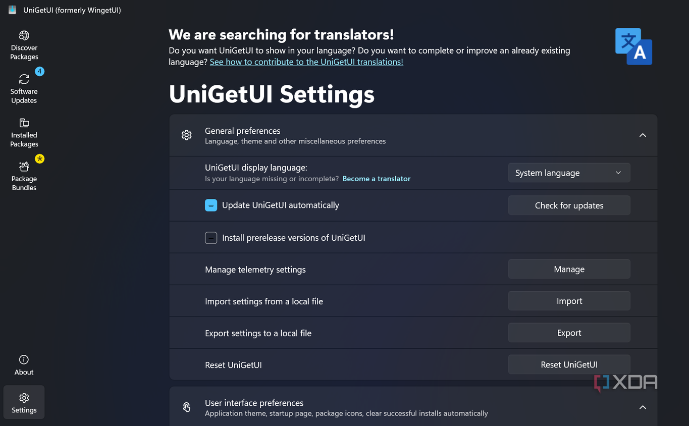 screenshot shows UniGetUI settings