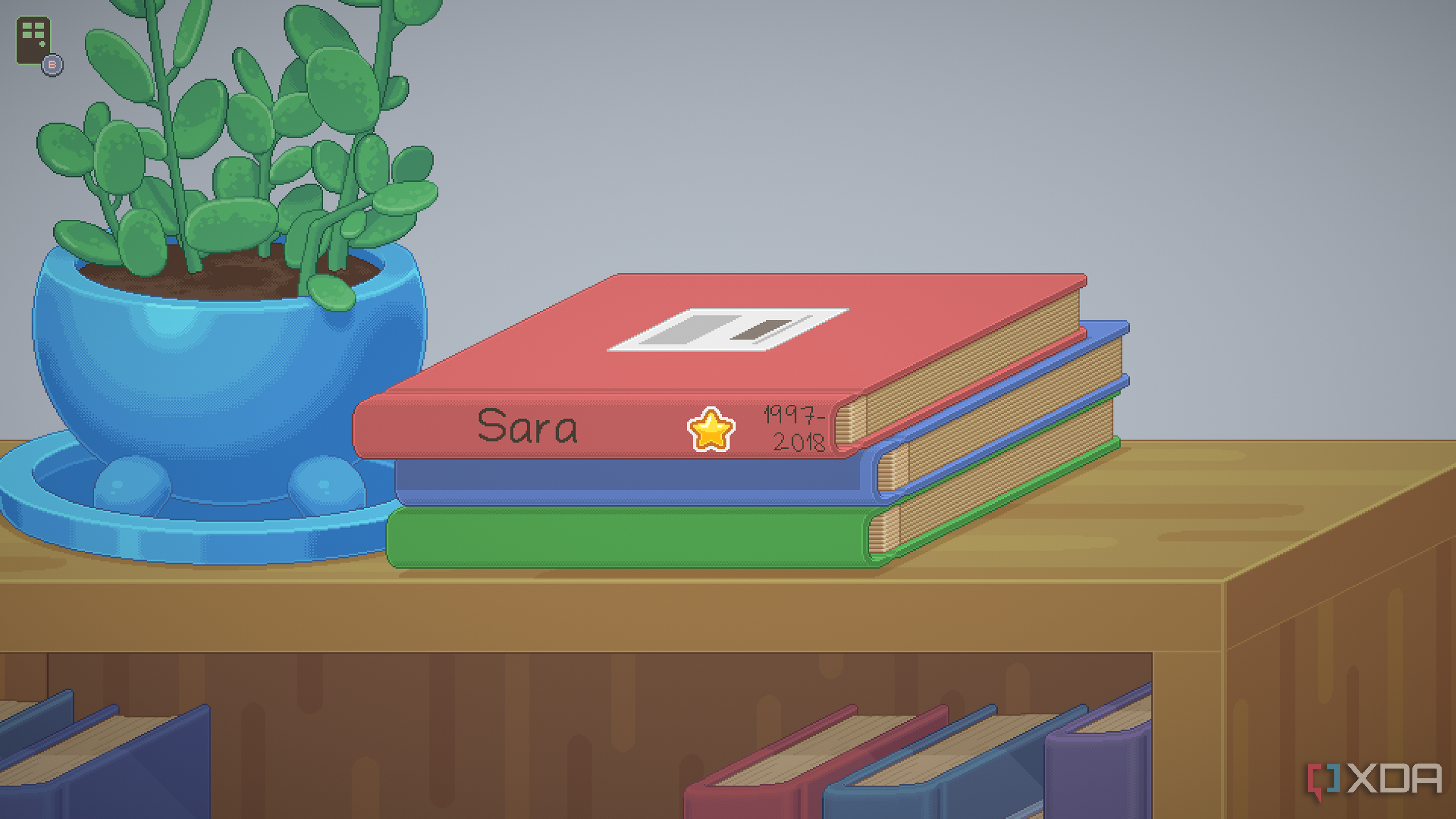 Books stacked on a shelf in Unpacking