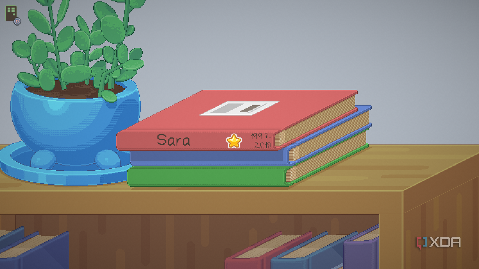 Books stacked on a shelf in Unpacking