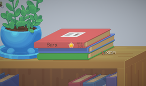 Books stacked on a shelf in Unpacking
