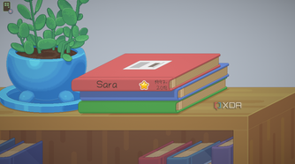 Books stacked on a shelf in Unpacking