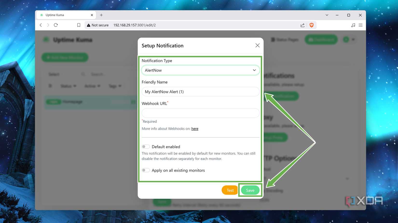 Setting up notification alerts in the Uptime Kuma web UI
