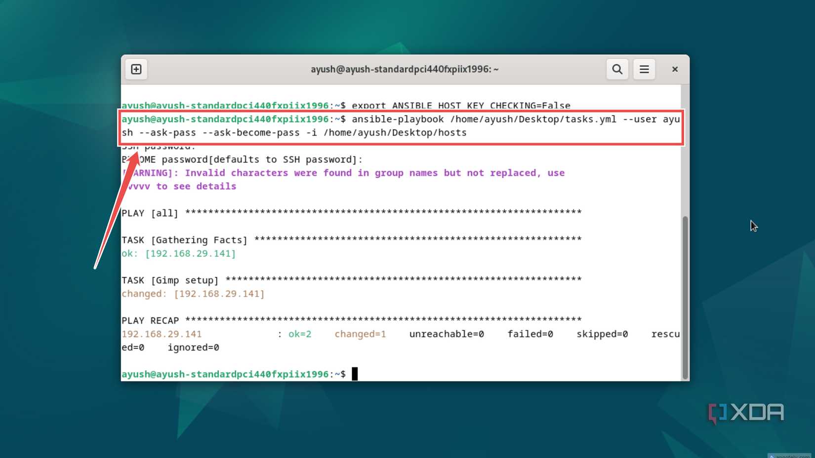 Executing the command to deploy an Ansible Playbook