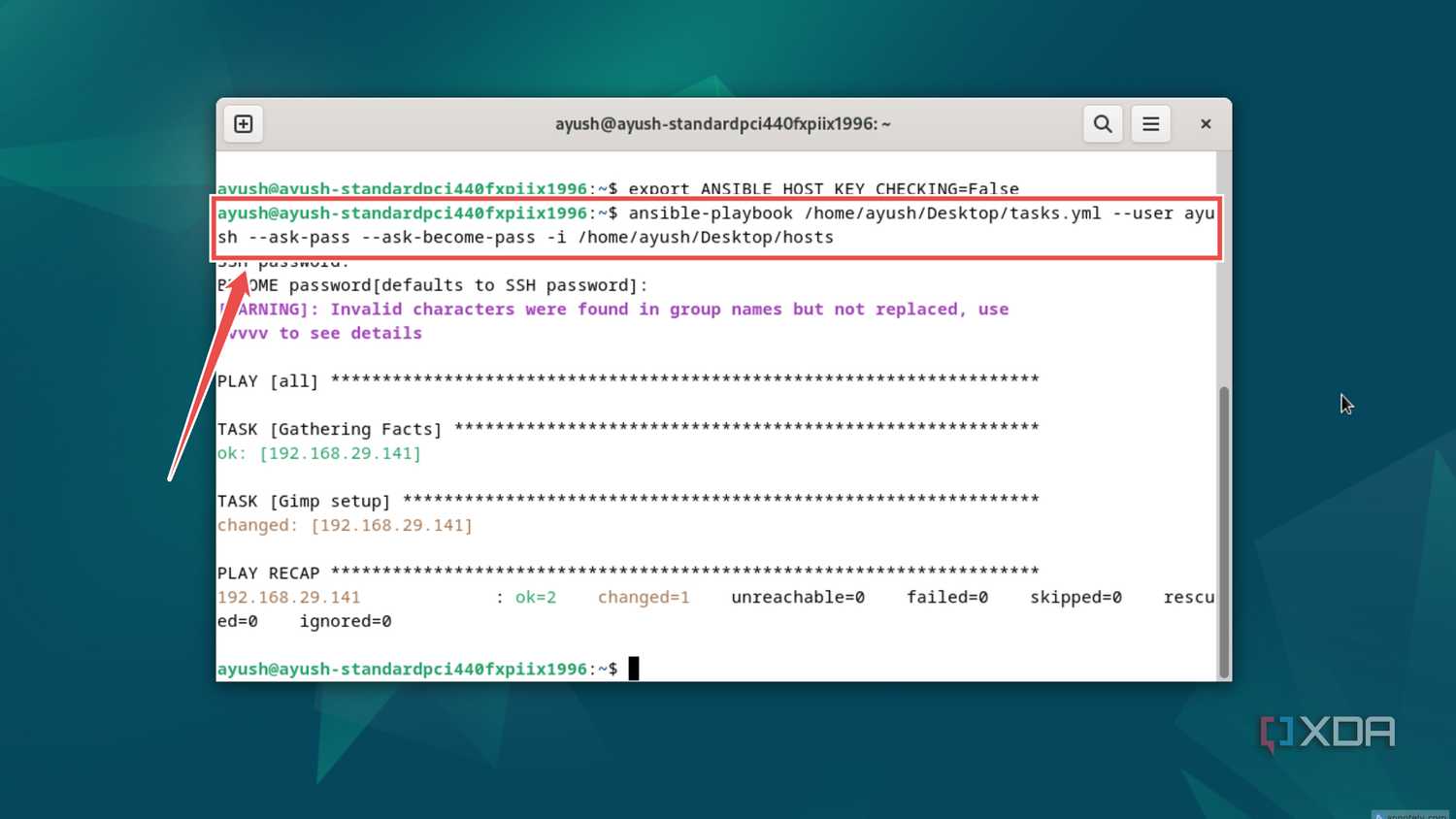 Executing the command to deploy an Ansible Playbook