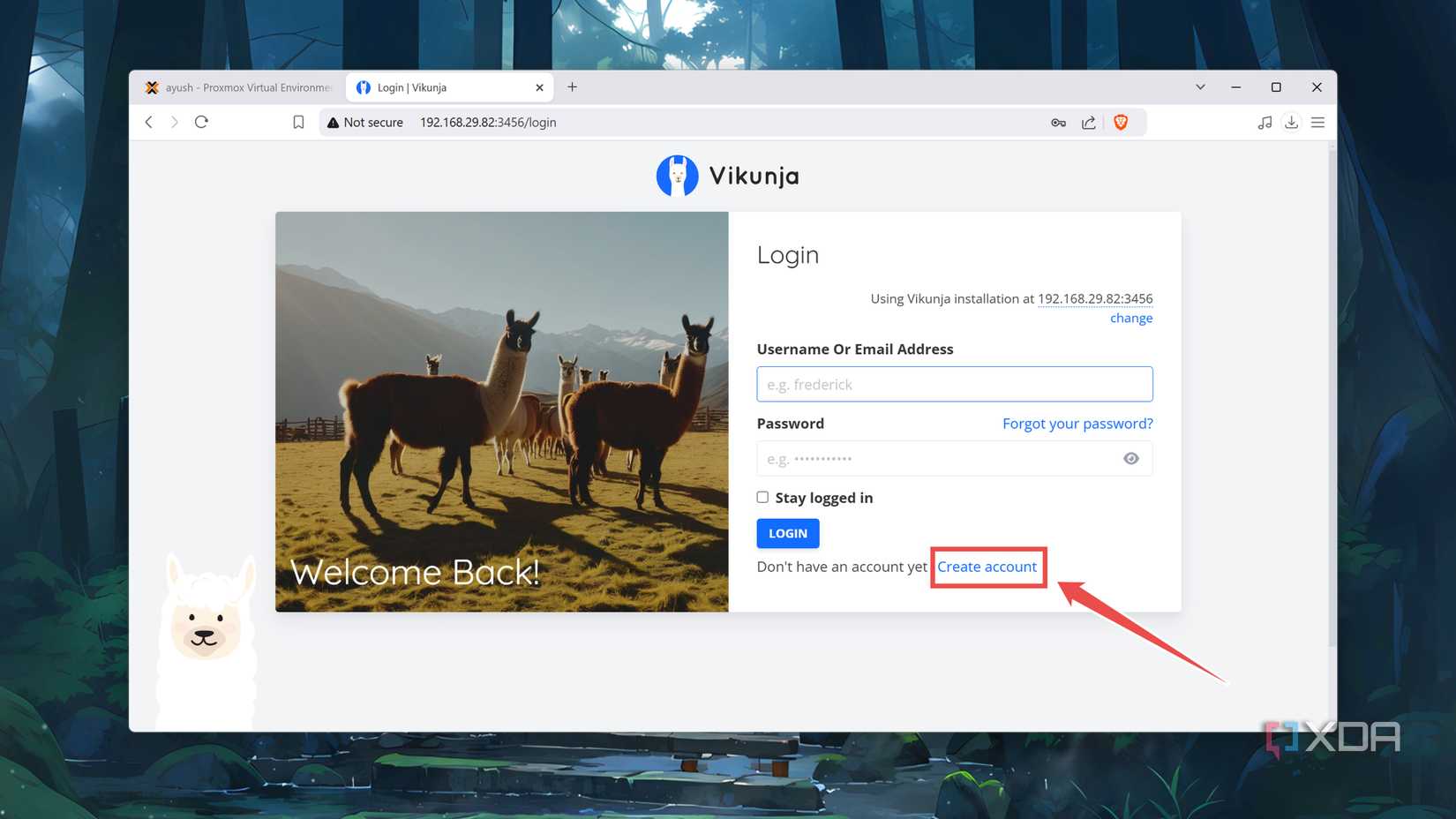 Clicking on the Create Account button in Vikunja