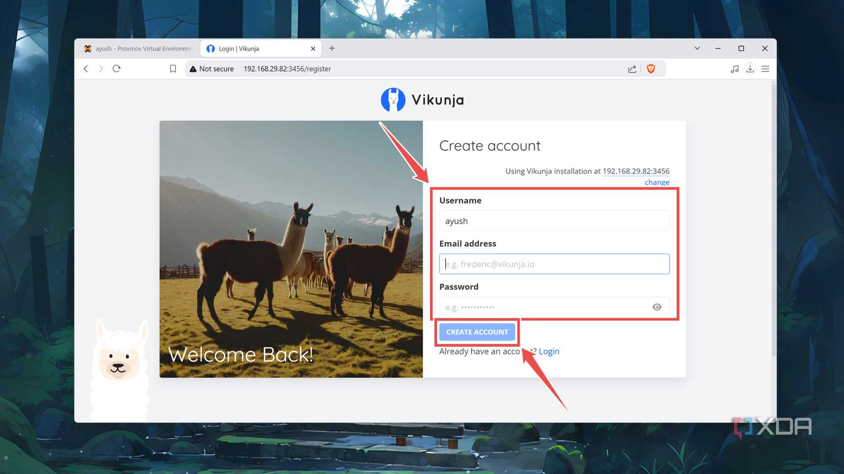 Creating an account in Vikunja
