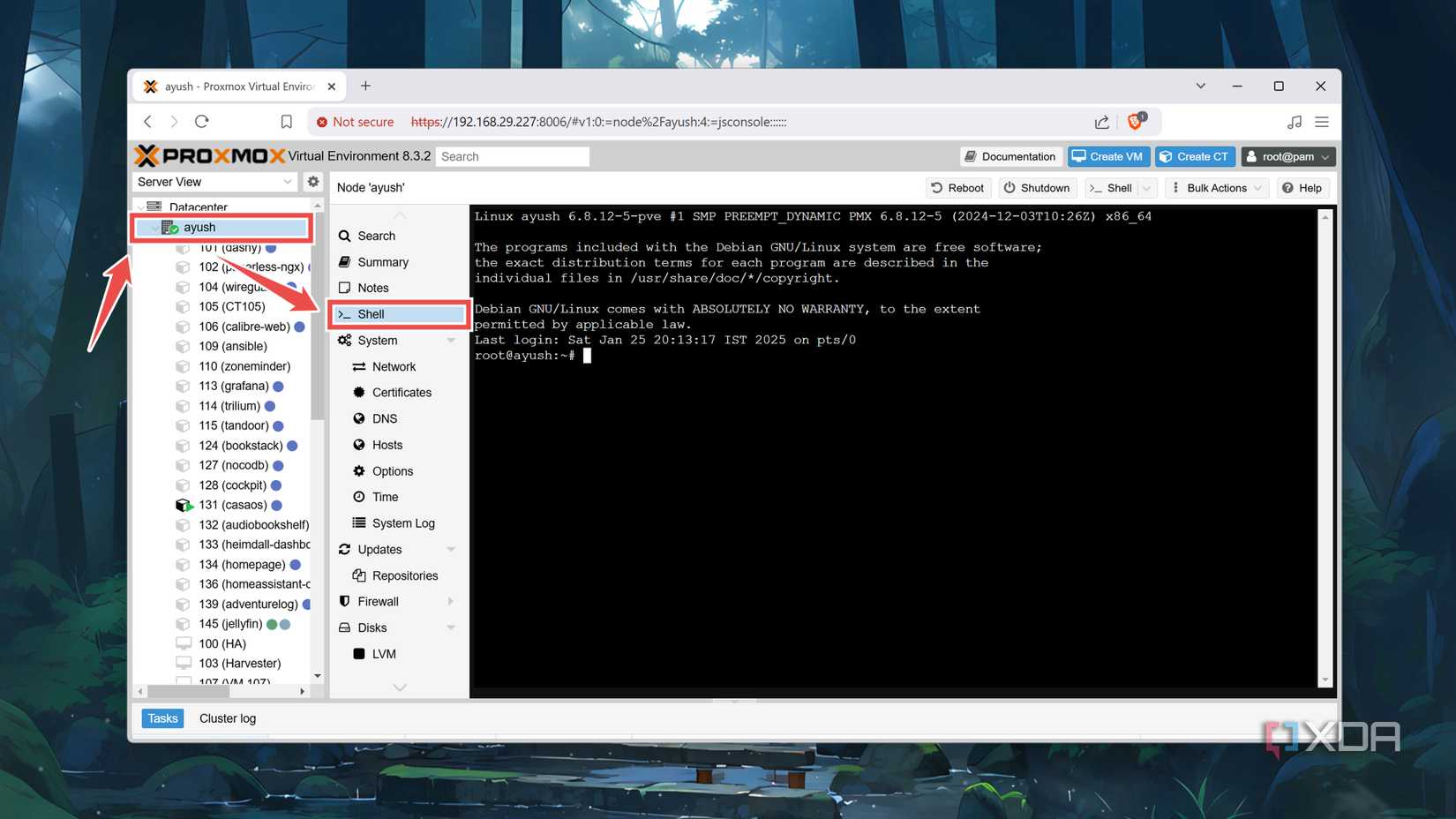 Accessing the primary node's Shell tab in Proxmox
