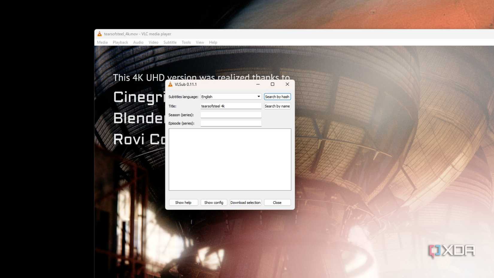 screenshot of vlc player with the subtitle lookup tool open
