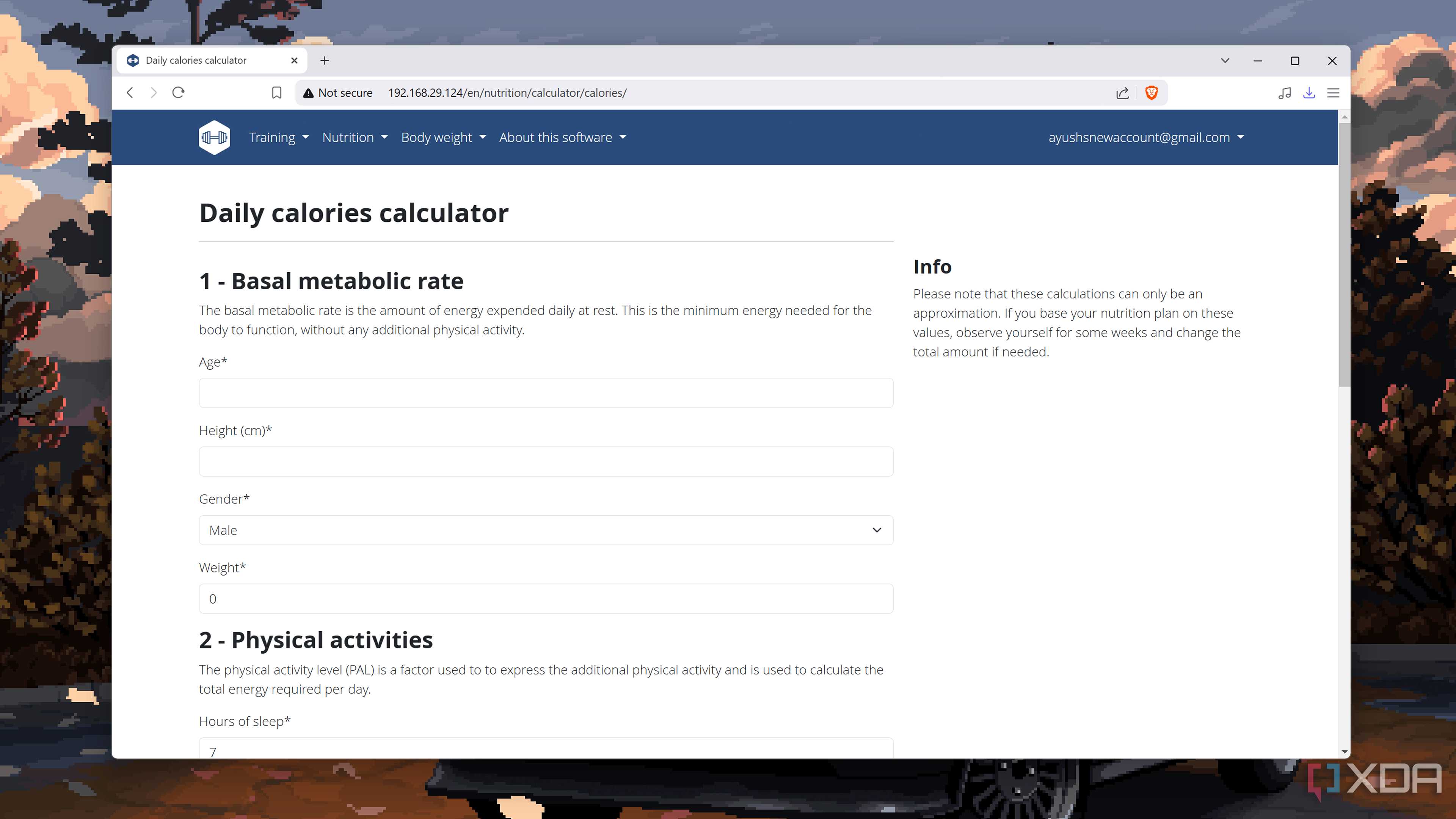 The Daily Calories Calculator tab in the wger web UI