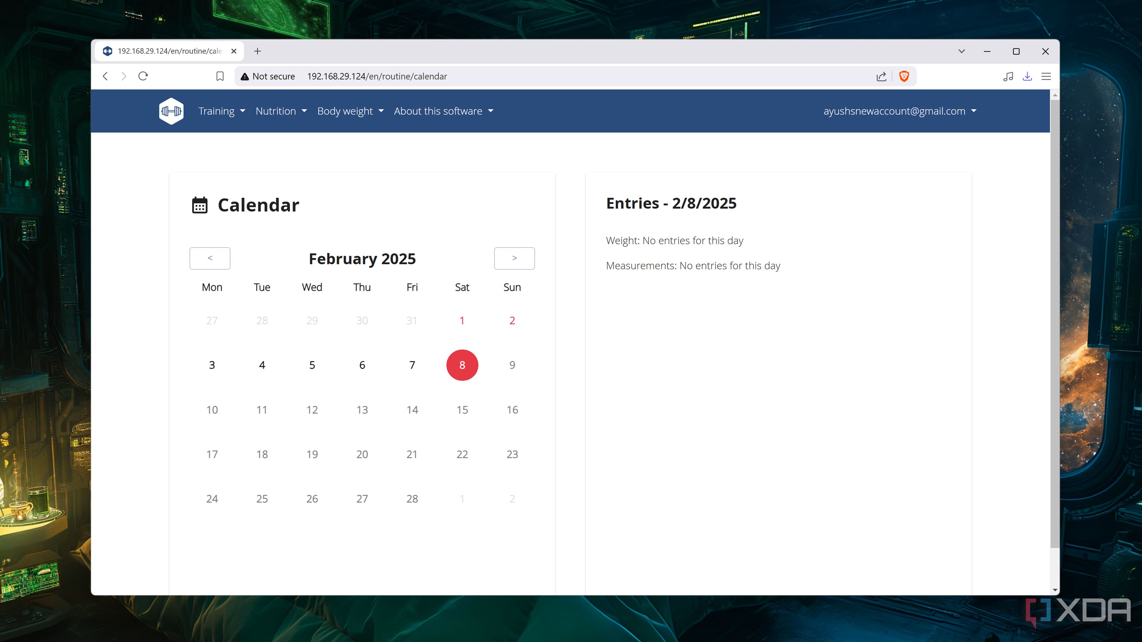 The Calendar tab in the wger web UI