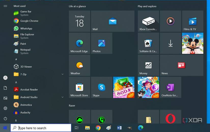 the start menu on windows 10