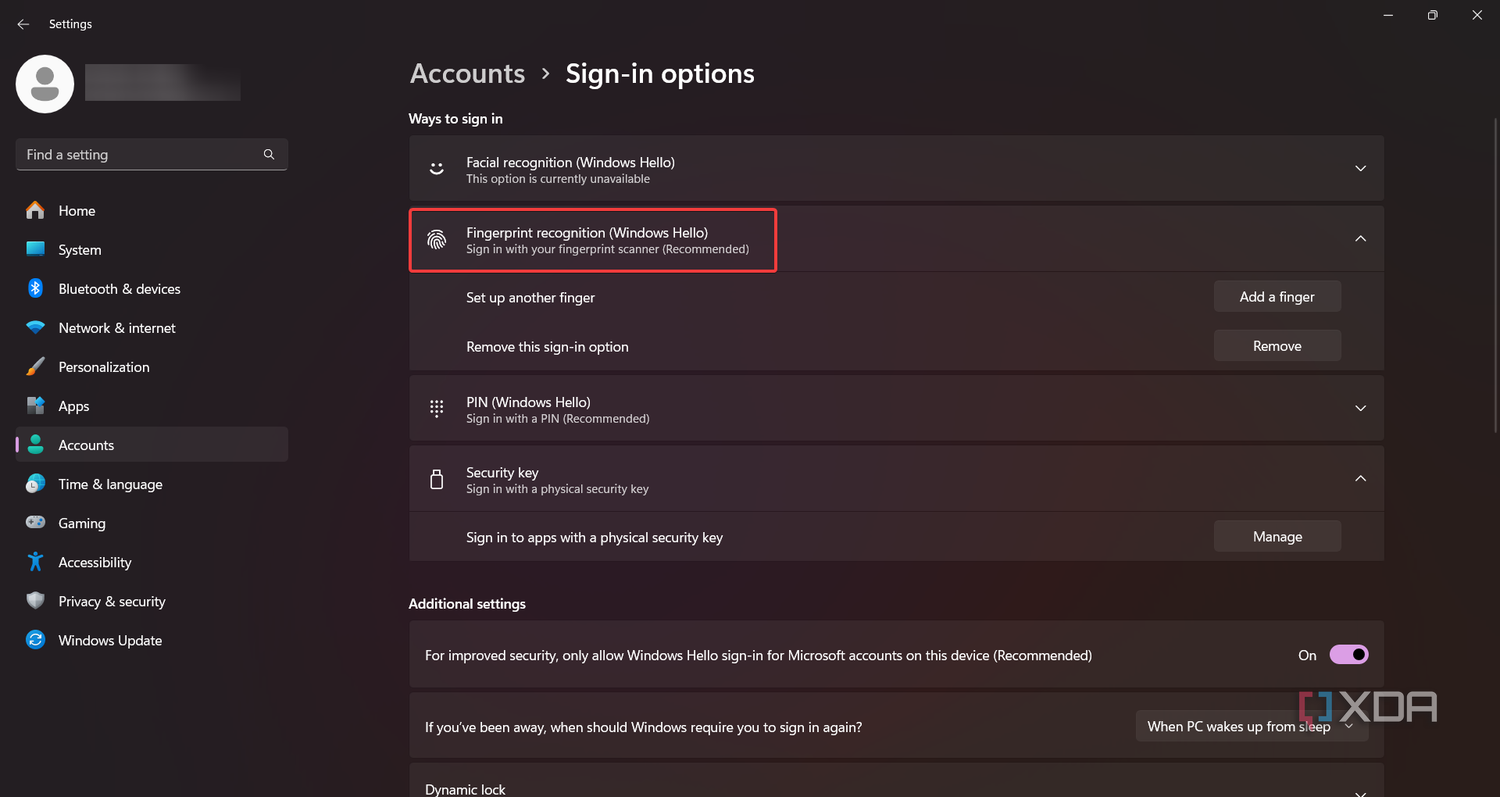 The Windows 11 Settings menu where you can set up the Windows Hello fingerprint recognition