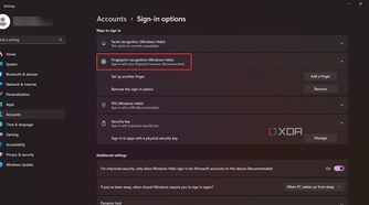 The Windows 11 Settings menu where you can set up the Windows Hello fingerprint recognition