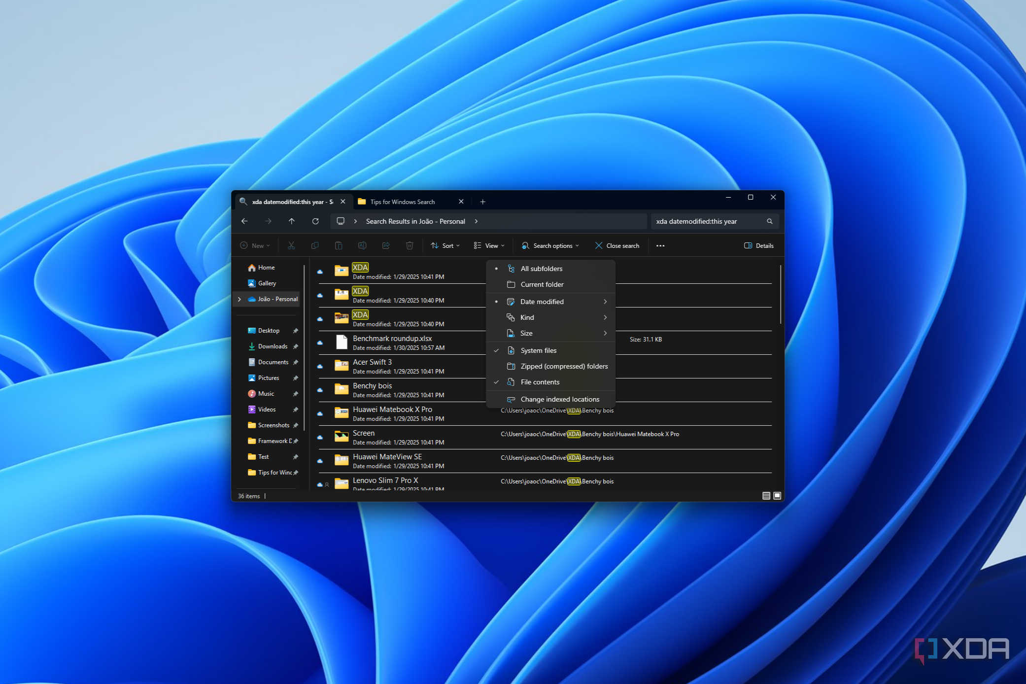 Screenshot of Windows search showing results filtered based on modified date