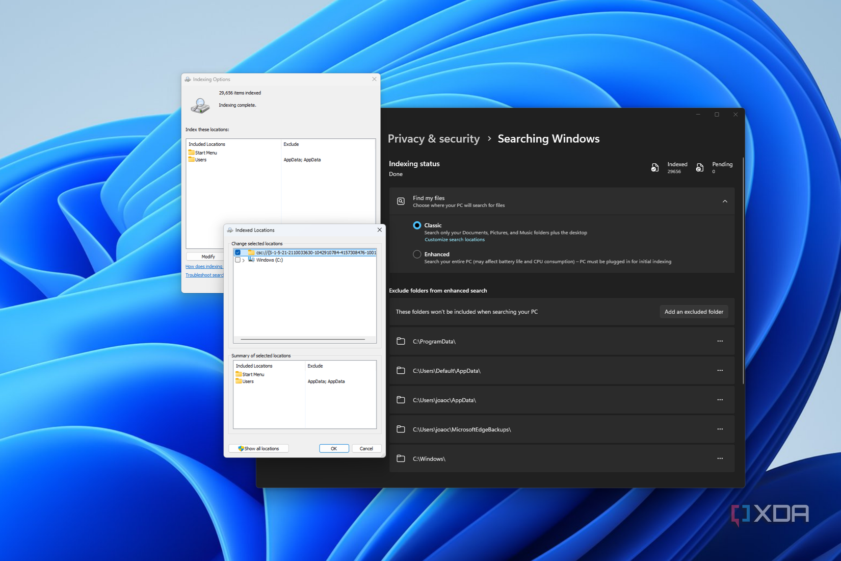 Screenshot of Windows search indexing settings