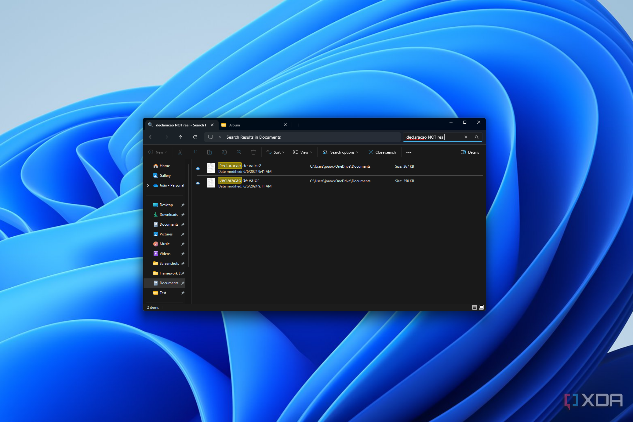 Screenshot of Windows Search results using a NOT argument