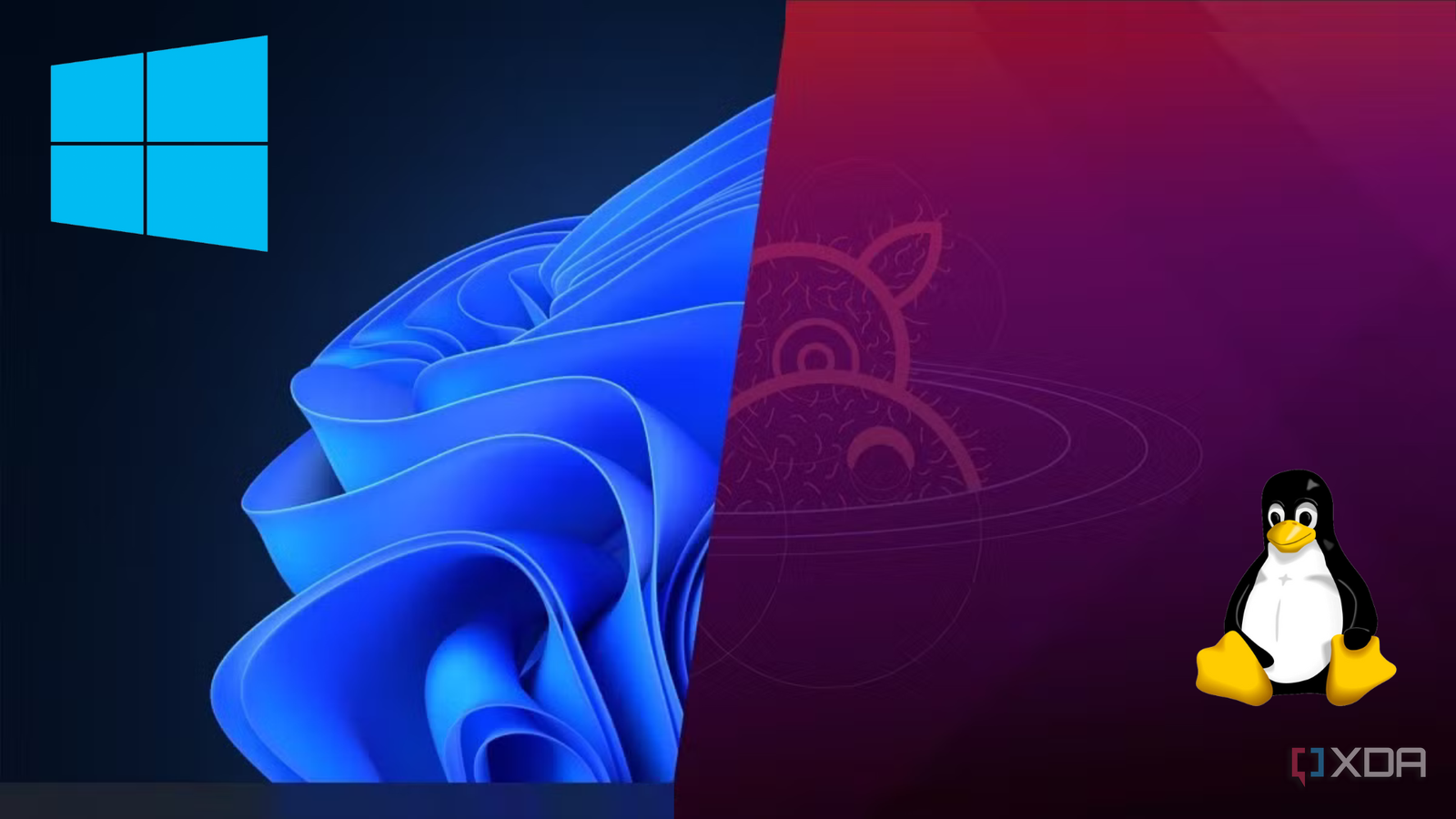 A Windows desktop next to a Linux desktop