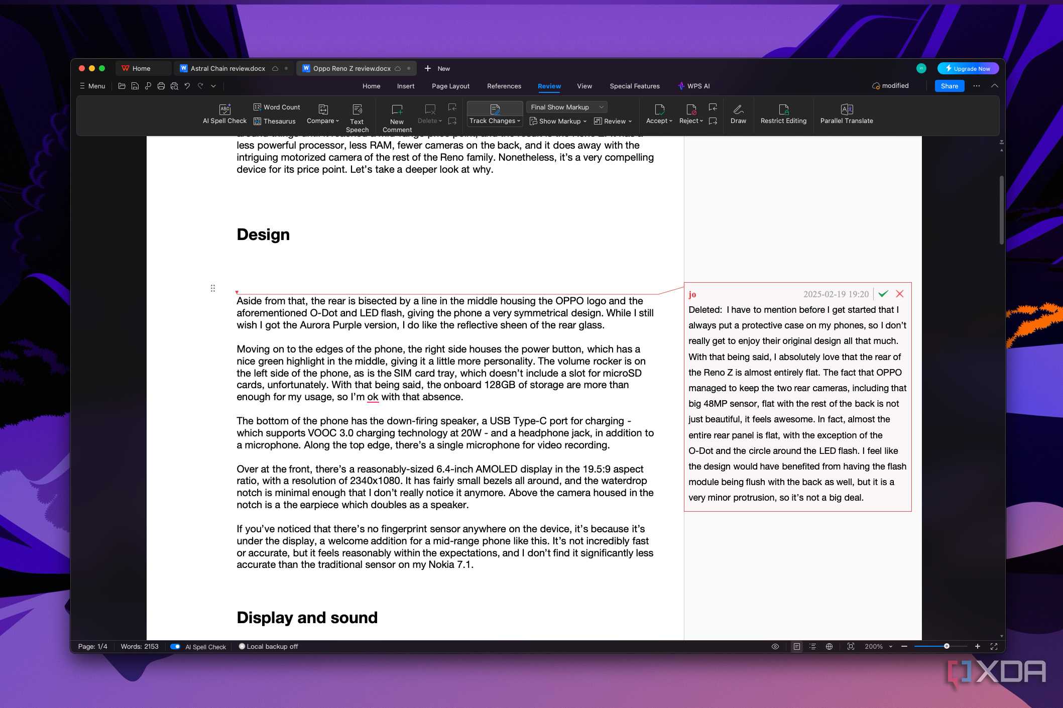 Screenshot of WPS Office displaying a document with numerous paragraphs and the revisions panel