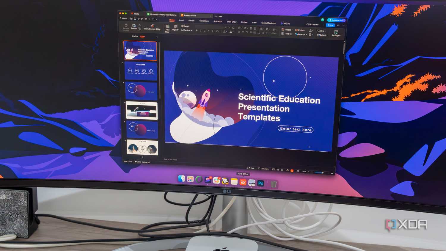A monitor displaying the macOS desktop running WPS Office