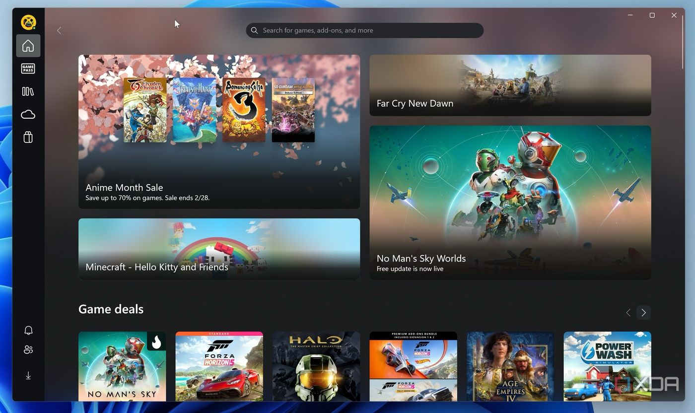 Home page of the Xbox app on Windows 11