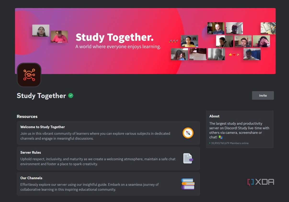A screenshot of the study together discord server splash page.