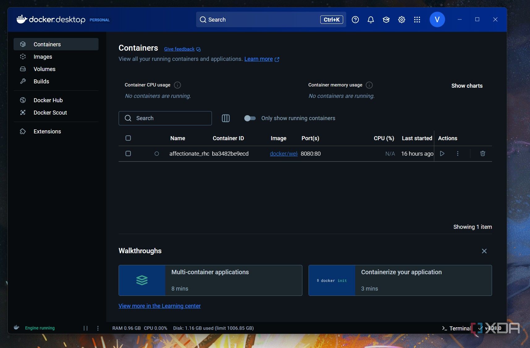 A screenshot of the Docker container manager