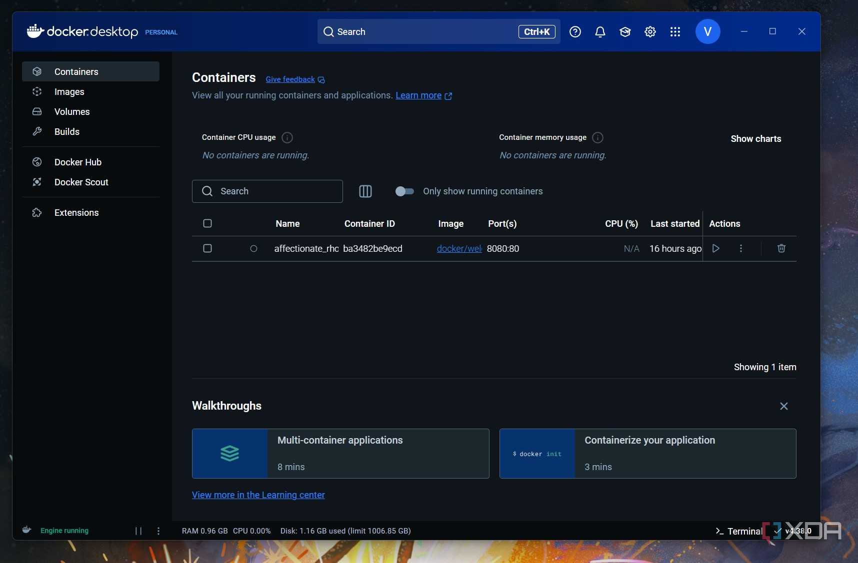 A screenshot of the Docker container manager