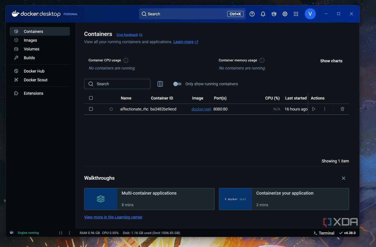 A screenshot of the Docker container manager