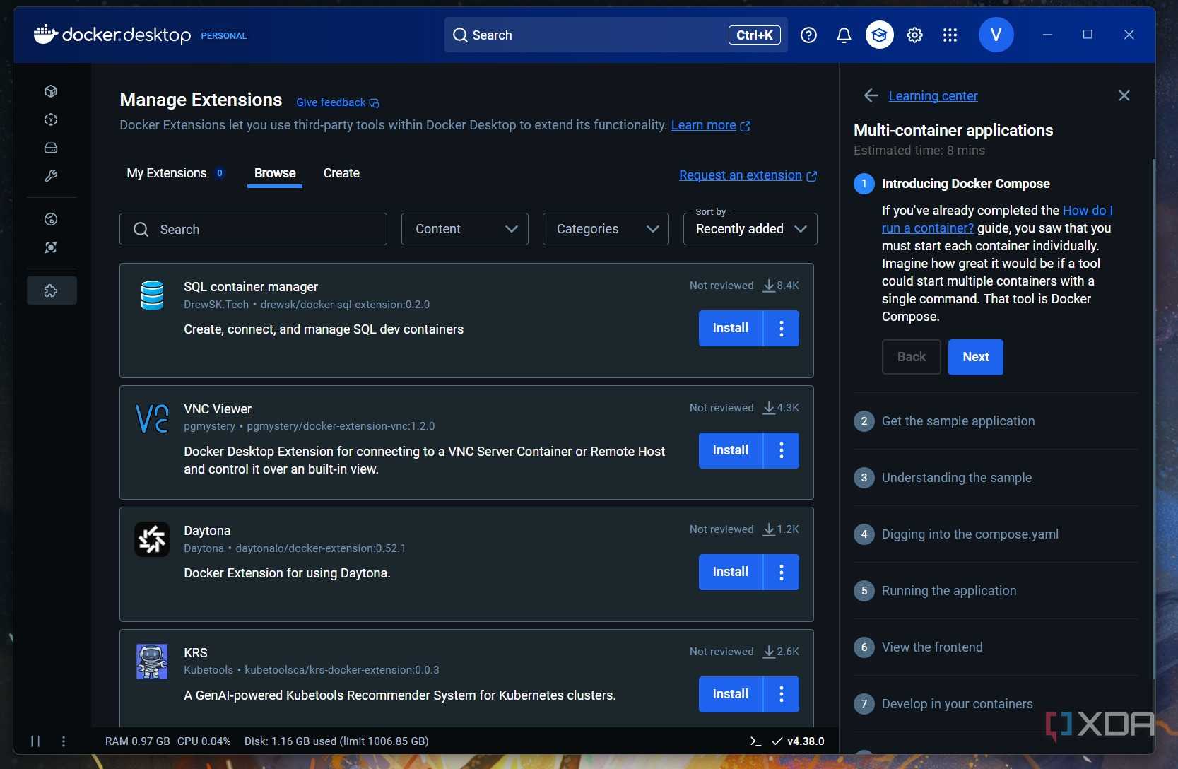 A screenshot of the Docker exntension page