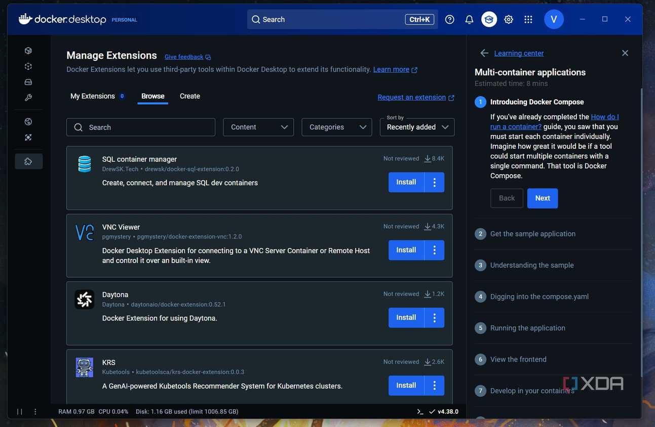A screenshot of the Docker exntension page