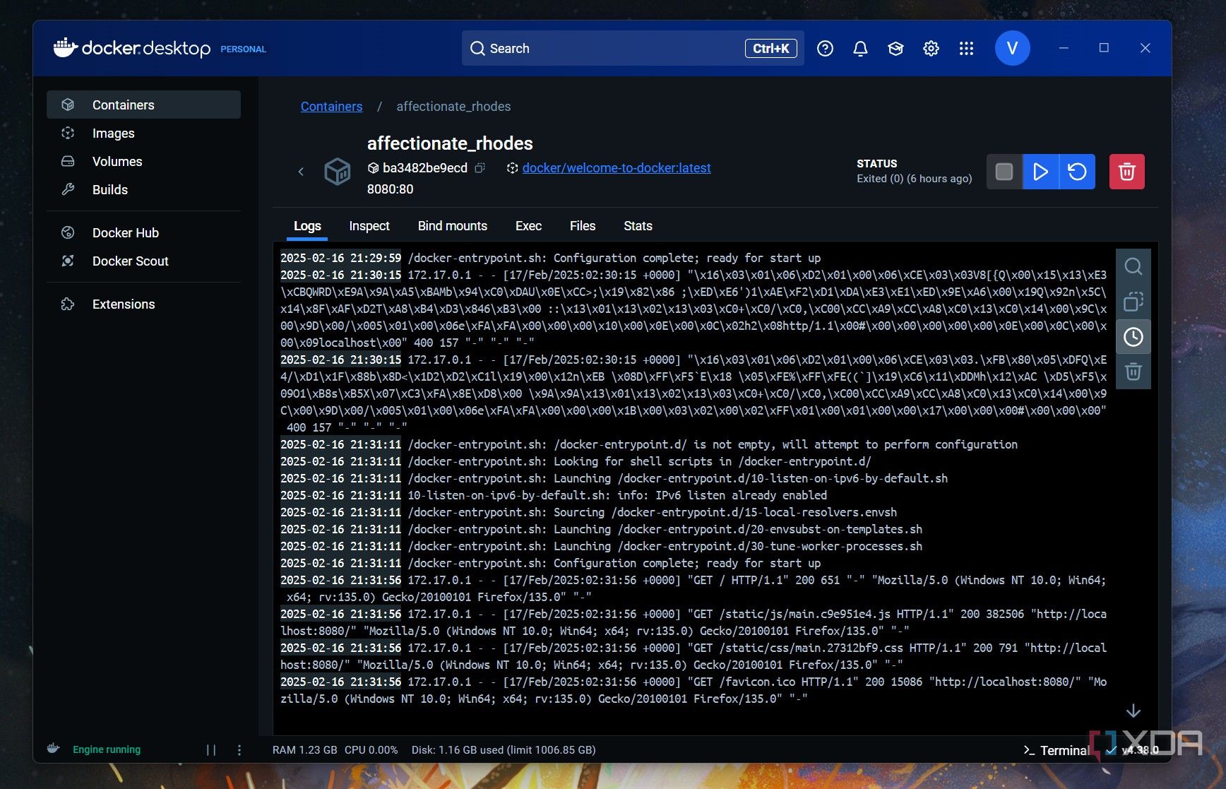 A screenshot of a docker container log