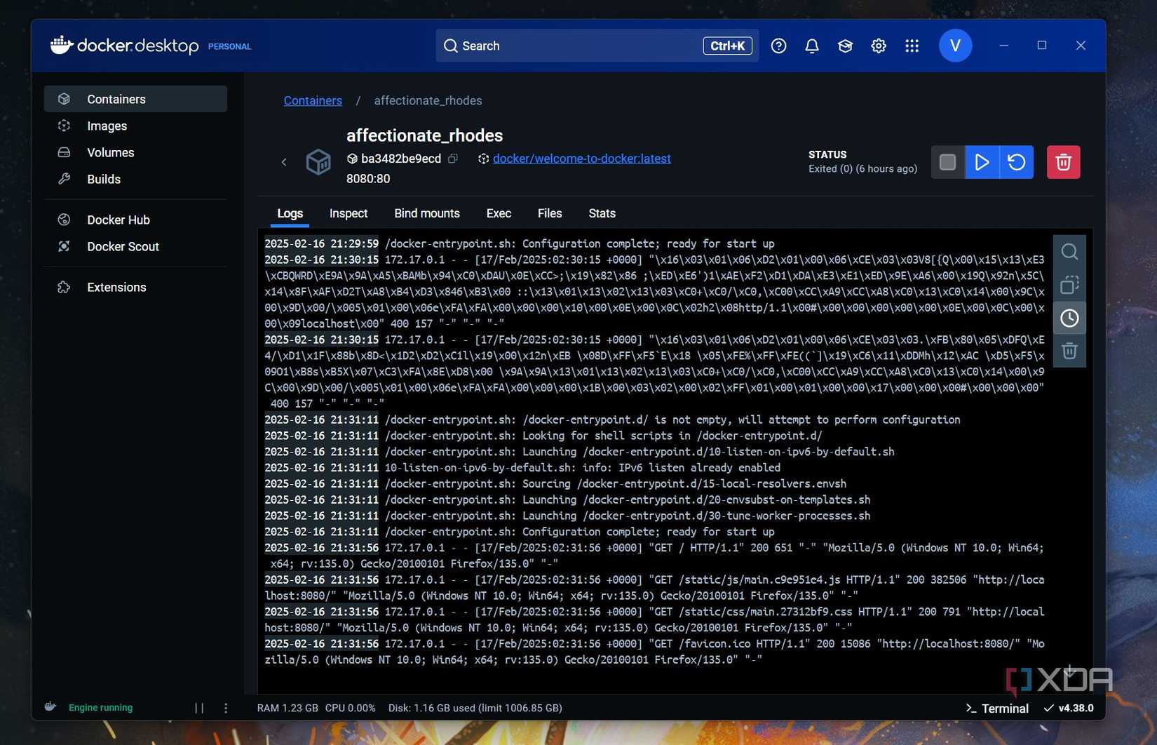 A screenshot of a docker container log