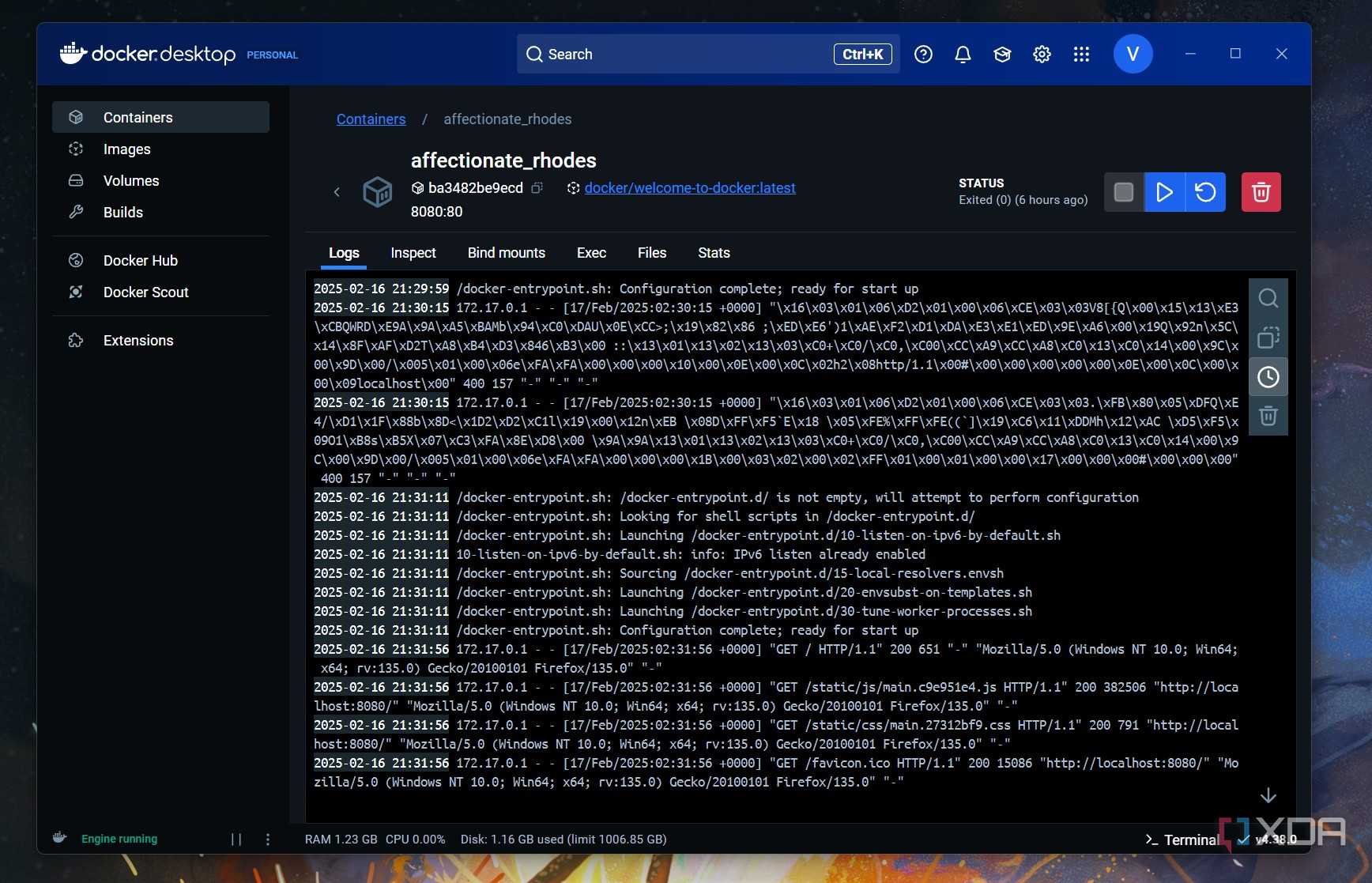 A screenshot of a docker container log