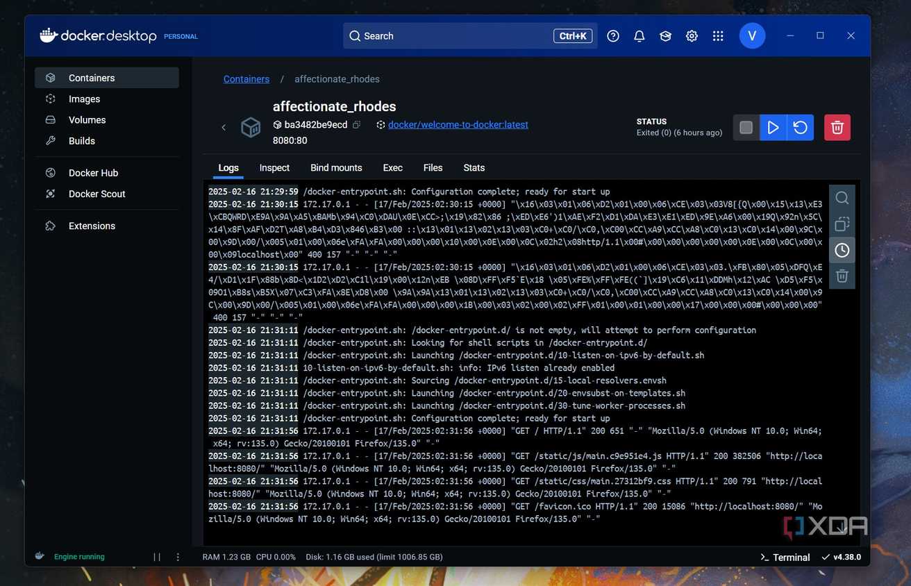 A screenshot of a docker container log
