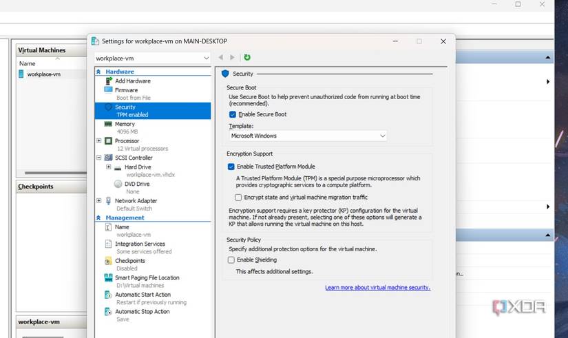 A screenshot of Microsoft Hyper-V's security options panel