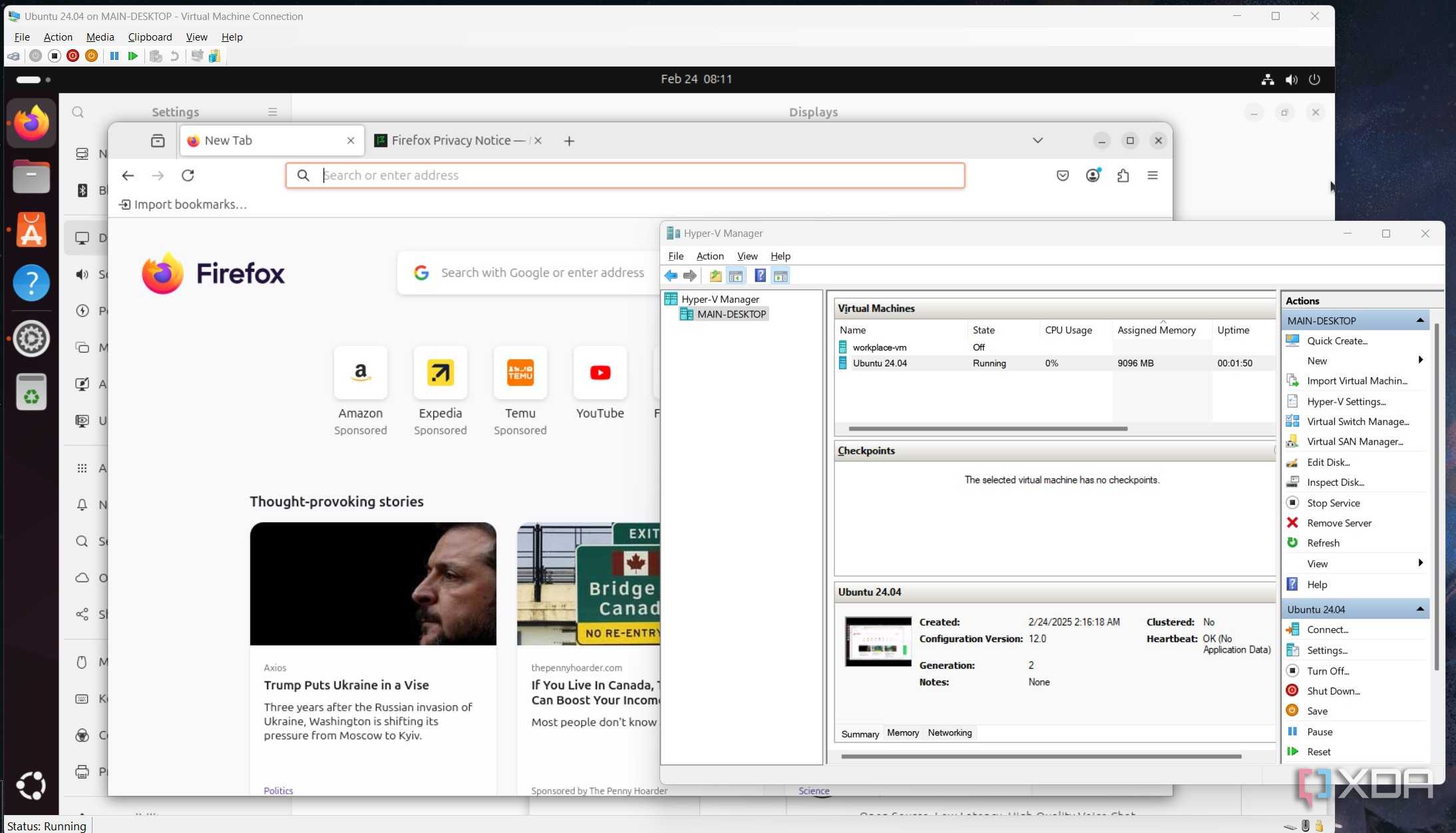A screenshot of Microsoft Hyper-V running ubunt and its VM management page