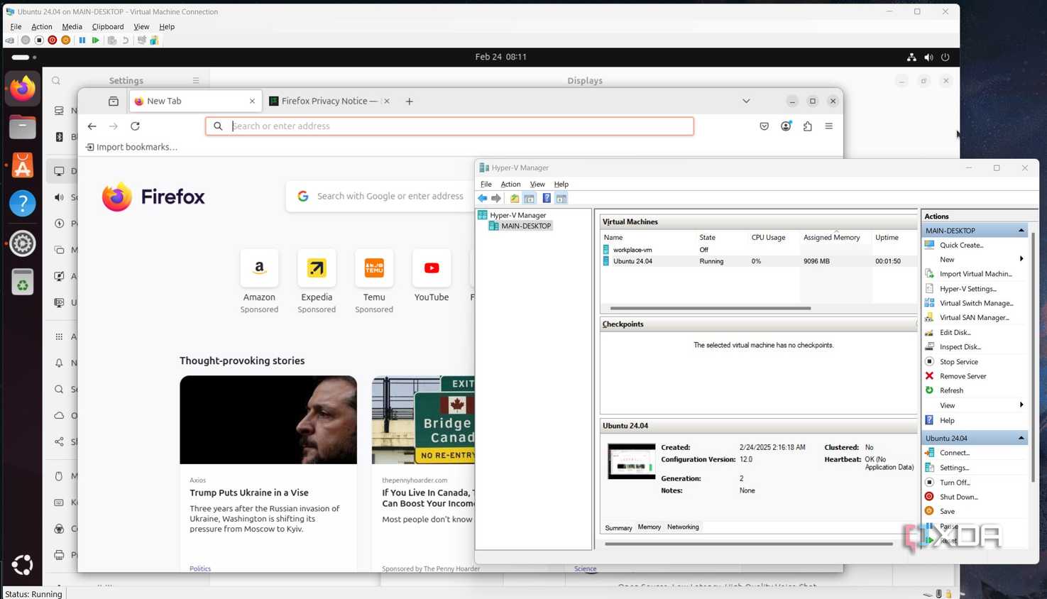 A screenshot of Microsoft Hyper-V running ubunt and its VM management page