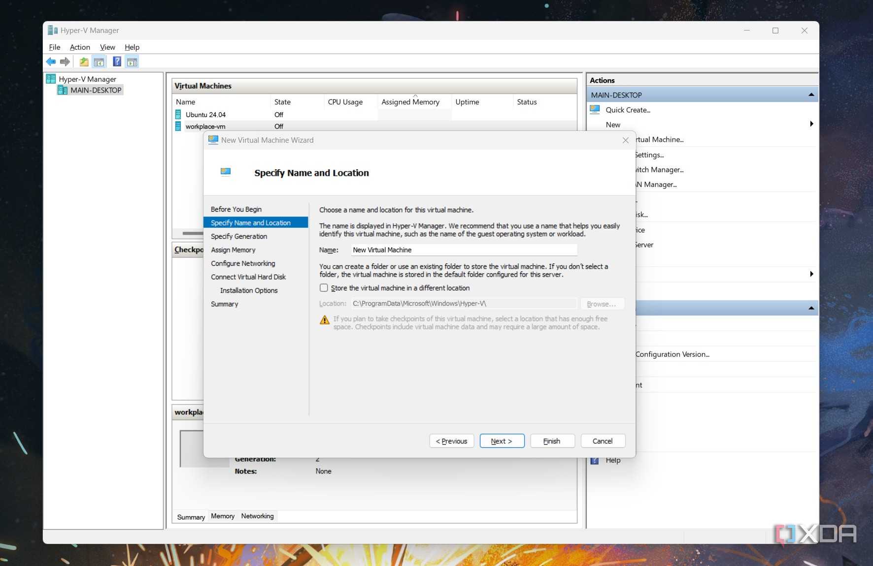 A screenshot of Microsoft Hyper-V's VM creation panel