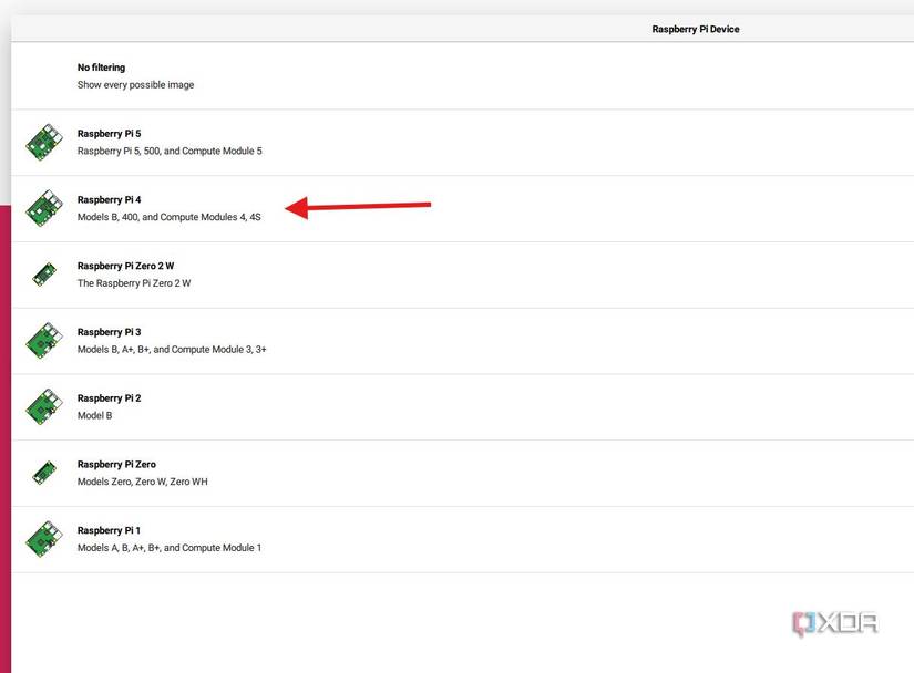 A screenshot of the Raspberry Pi Imager's device selection.