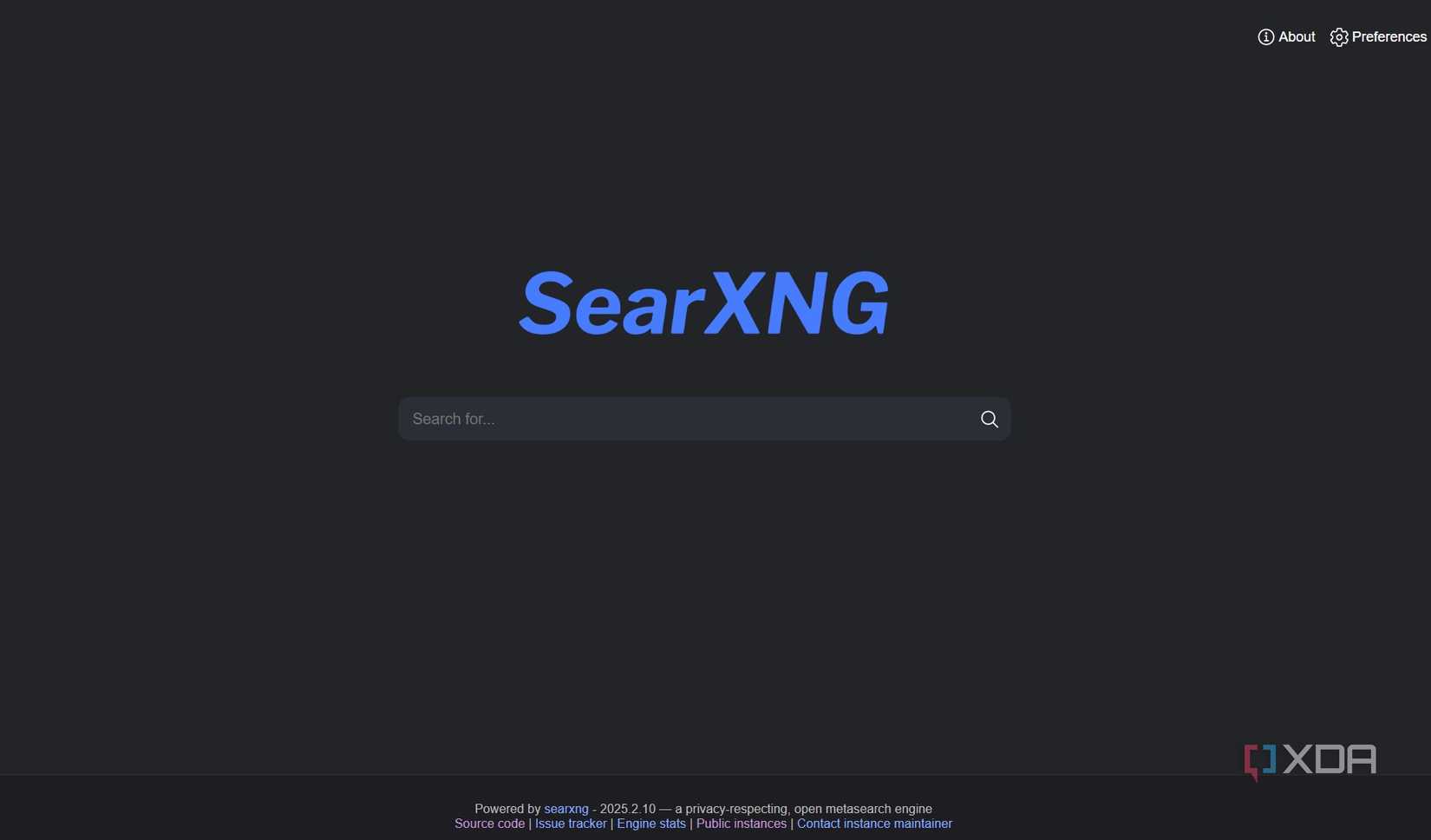 A screenshot of SearXNG's main splash page